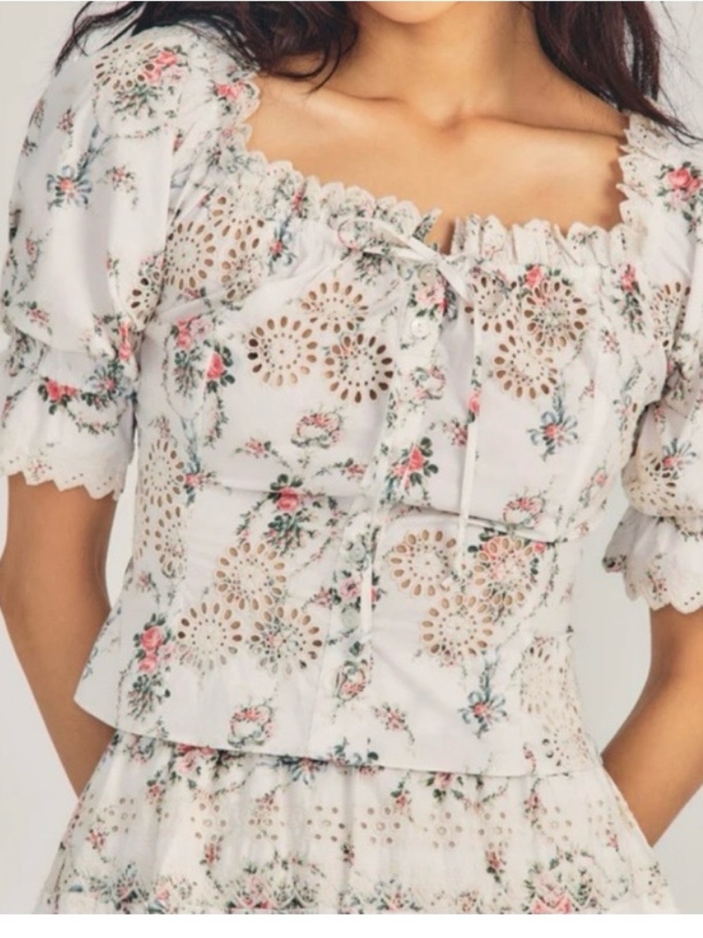LoveShackFancy Cream Pink Floral Blouse